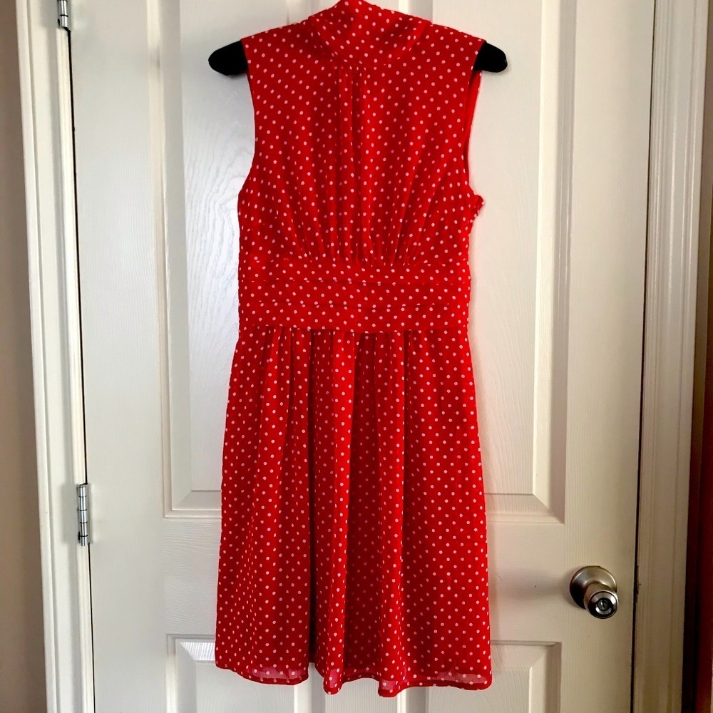 Venus Chiffon Sleeveless Dress Tie Collar Layered Polka Dot Red & White size 6